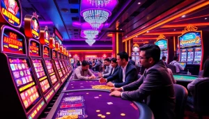 Nikmati kegembiraan slot deposit pulsa tanpa potongan dengan adegan kasino yang hidup penuh pemain yang terlibat.