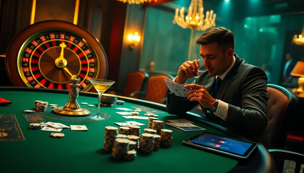 Engaging player strategizes with hemorrhoid-themed poker chips at a luxurious casino table.
