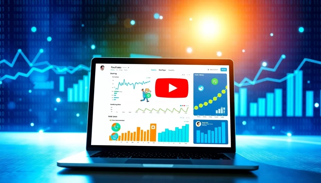 Showcasing a laptop illustrating the concept of youtube smm panel with vibrant analytics and social media metrics.