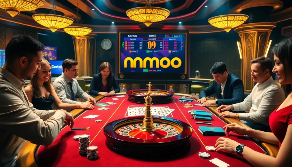 Players engage at an upscale casino table with vibrant mmoo-themed graphics and exciting gameplay elements.