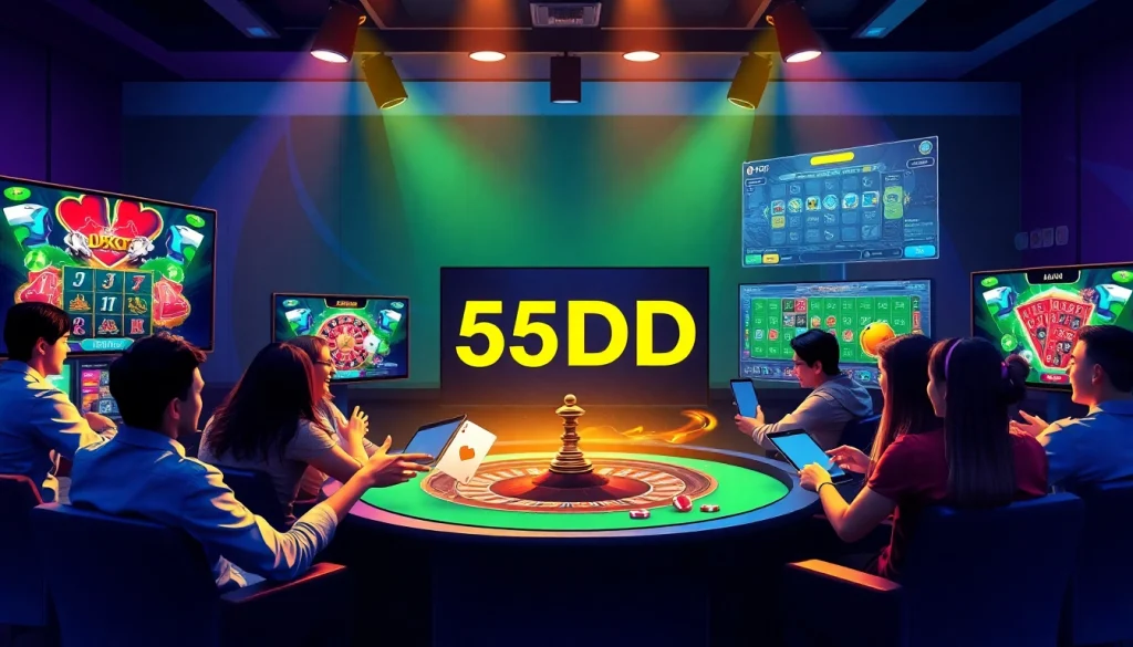 55DD online gaming platform featuring diverse players enjoying poker, slots, and roulette.