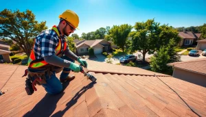 Expert roof repair near Oklahoma City with a professional roofer fixing shingles.