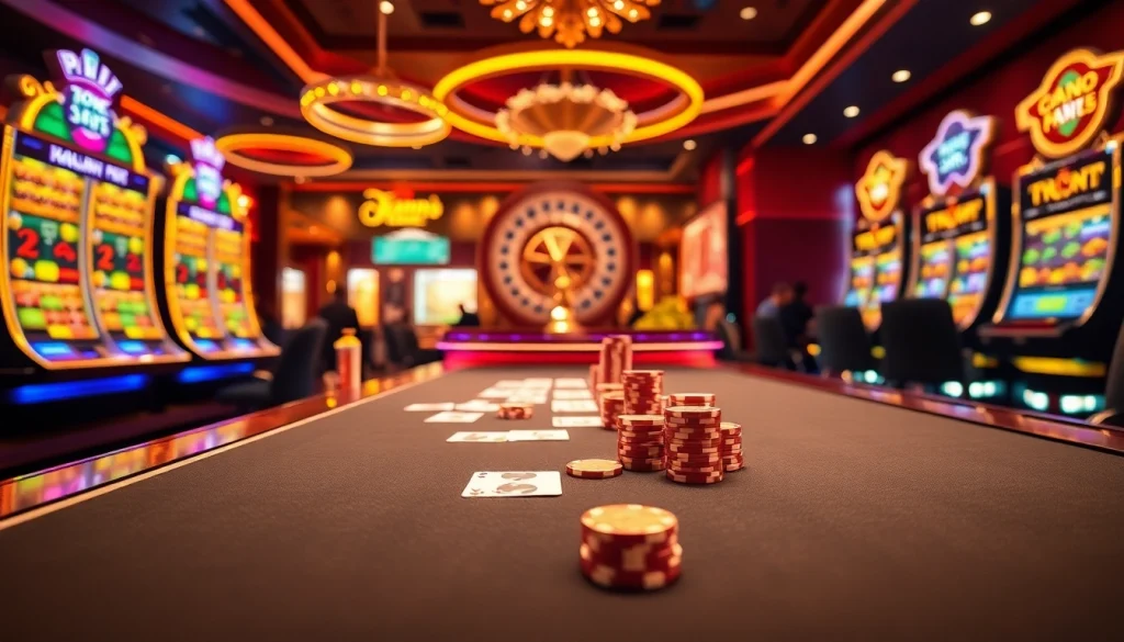Experience the thrill of gaming at Nhà cái S8 with a vibrant casino scene featuring cards and roulette.