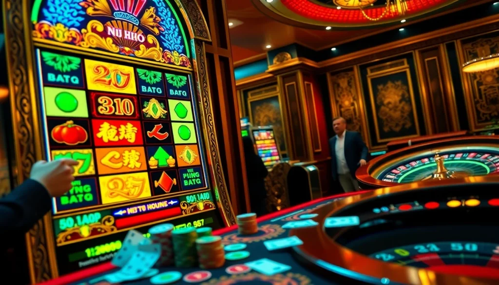 Excited players engaging with a vibrant nổ hũ slot machine in a luxurious casino.