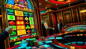 Excited players engaging with a vibrant nổ hũ slot machine in a luxurious casino.