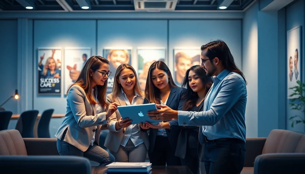Dynamic scene of a marketing agency team brainstorming in a modern office setting.
