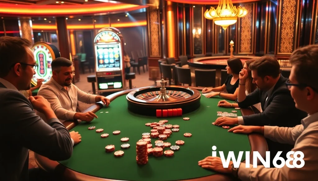 IWIN68 players enjoying a thrilling poker game in a luxurious casino setting, showcasing vibrant gaming elements.
