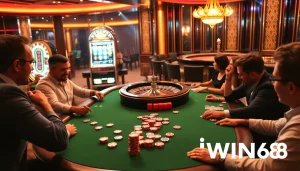 IWIN68 players enjoying a thrilling poker game in a luxurious casino setting, showcasing vibrant gaming elements.
