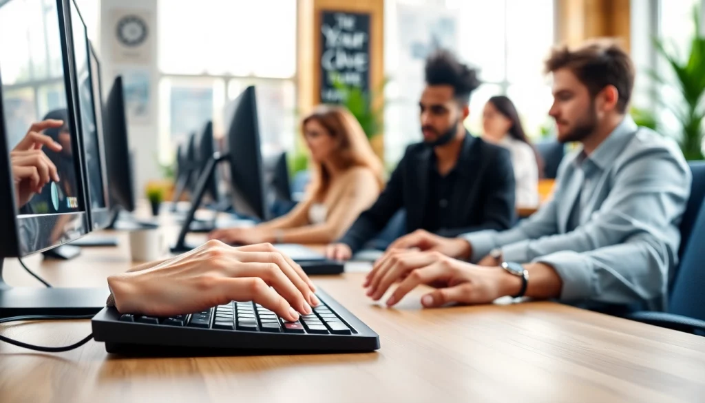 Engaging scene at a typing center showcasing collaboration and professional typing services.