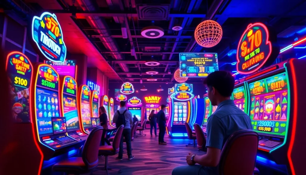 LAGAGAME77 gaming environment filled with colorful slot machines and excited players.
