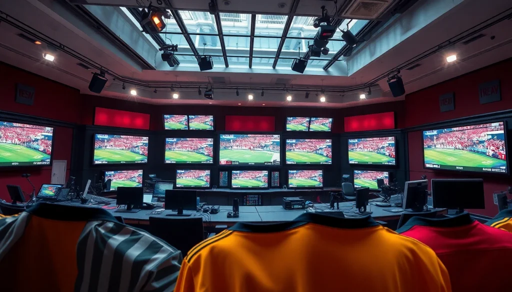 Engaging sports broadcasting studio showcasing vibrant teams during a live event.