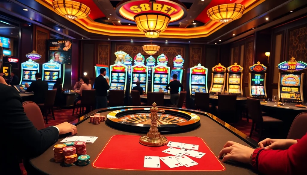 S88bet gaming table with poker chips and cards in a luxurious casino setting