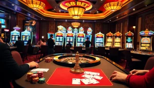 S88bet gaming table with poker chips and cards in a luxurious casino setting