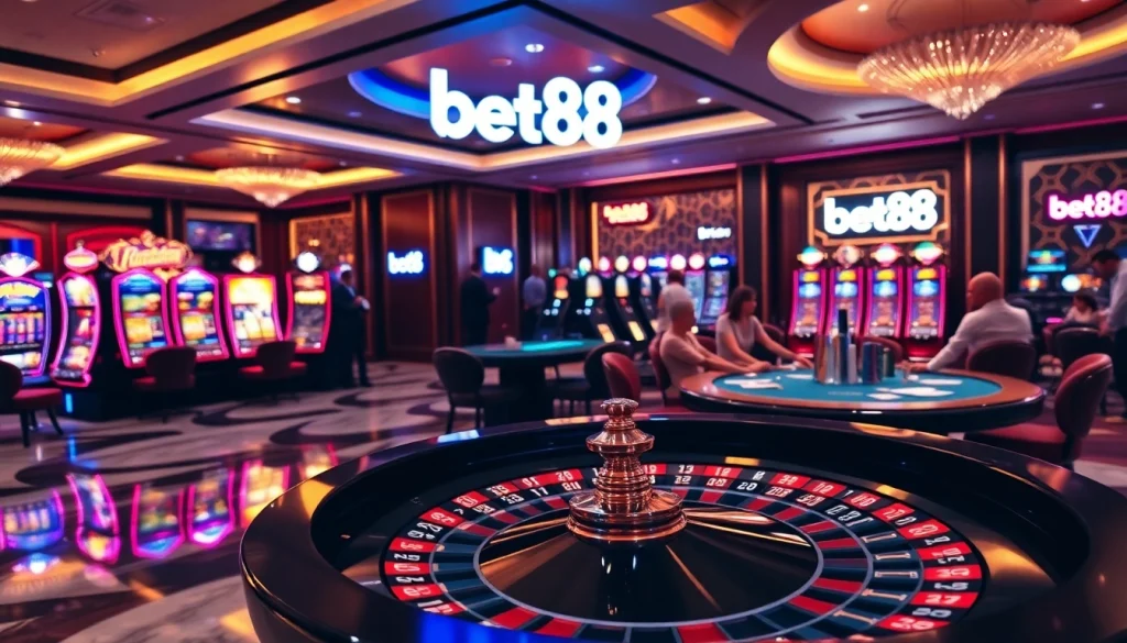 Experience the excitement of Bet88 with a luxurious casino scene featuring roulette, poker, and slot machines.