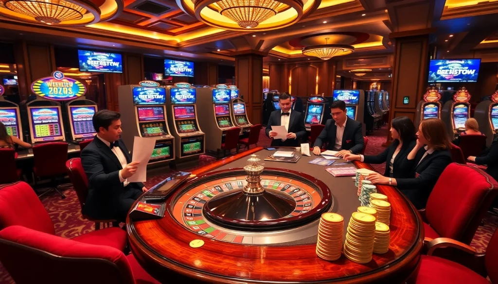 Experience thrilling gambling moments at https://rr8888.in.net/ with a captivating casino scene showcasing roulette and slot machines.
