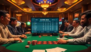 Action-packed gambling scene featuring Kèo Score Box betting at a luxurious casino table.