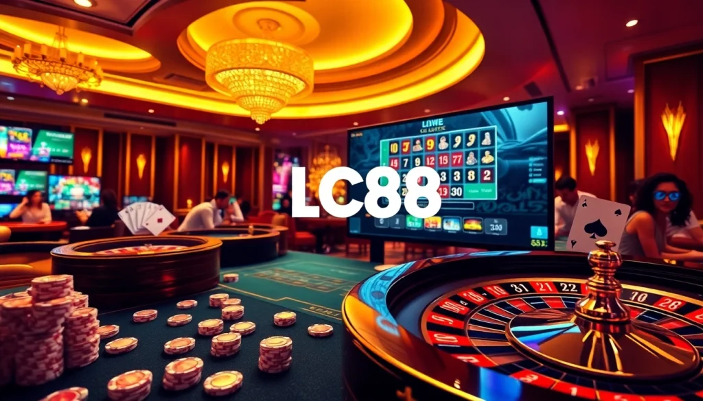 Excited players enjoying online gambling at https://lc88.jpn.com/, featuring poker chips and roulette wheel.