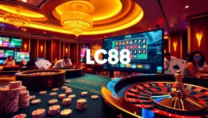 Excited players enjoying online gambling at https://lc88.jpn.com/, featuring poker chips and roulette wheel.