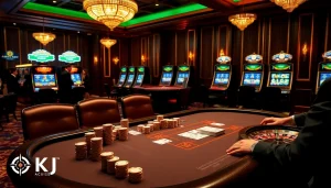 KJC players engaging at an upscale casino poker table, showcasing cards and chips in an exciting atmosphere.
