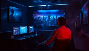 The hidden wiki interface in a dimly lit cyber café showing anonymity and exploration.