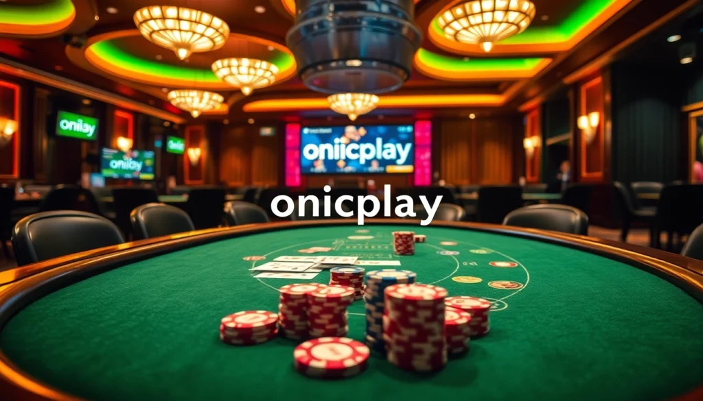 Exciting gaming scene with onicplay digital interface and poker tables.