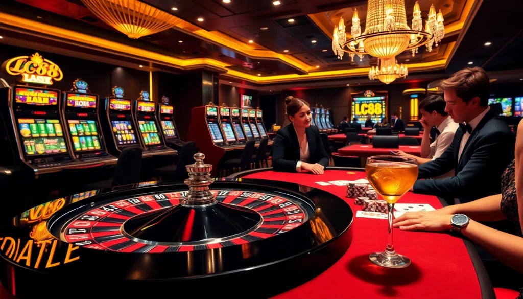 Experience thrilling gameplay at the LC88 casino, featuring vibrant roulette and slot machines.