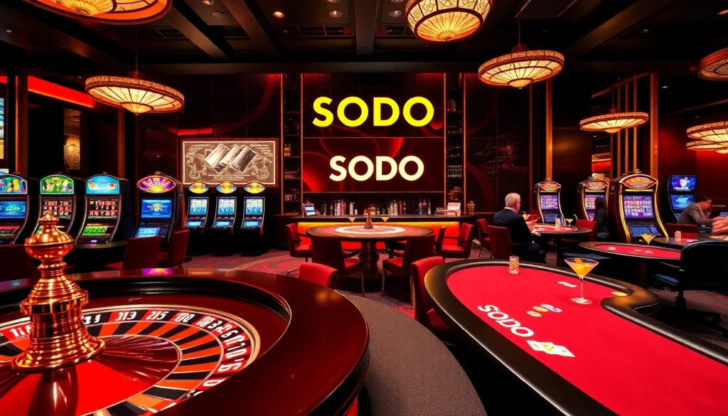 Engage in thrilling gameplay at SODO Casino, featuring vibrant roulette wheels and luxurious gaming tables.