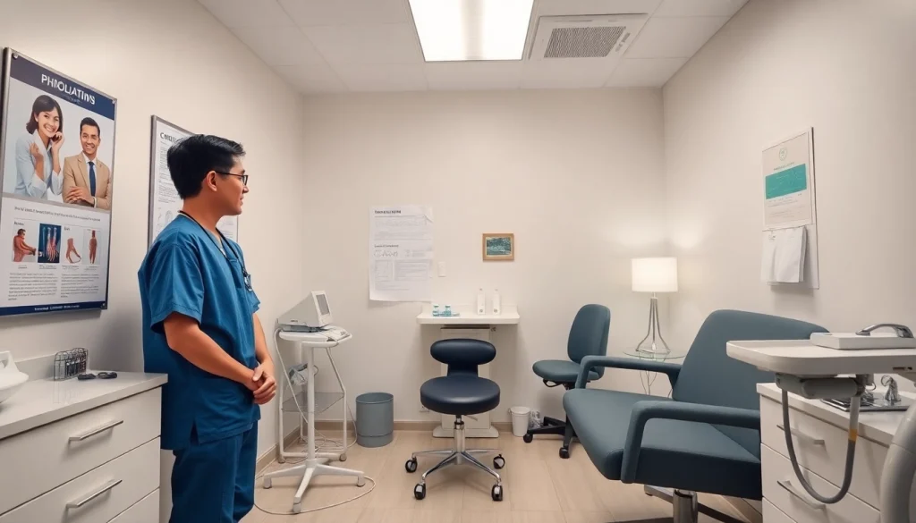 包茎手術 福岡 クリニックの診察室。治療オプションについて患者と話し合う、親しみやすい医療従事者。