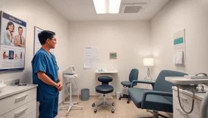 包茎手術 福岡 クリニックの診察室。治療オプションについて患者と話し合う、親しみやすい医療従事者。