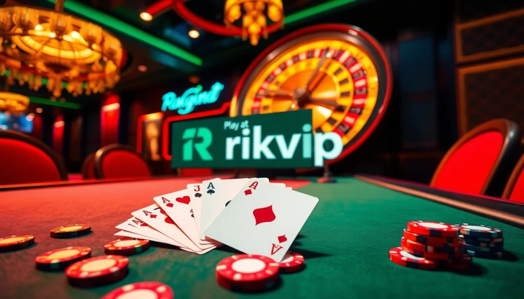 Win at rikvip with vibrant poker chips and exciting gameplay in a luxury casino setting.