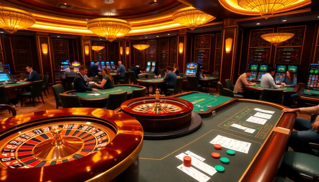 Exciting gaming experience as players tải daga at luxurious casino tables with vibrant roulette wheels.