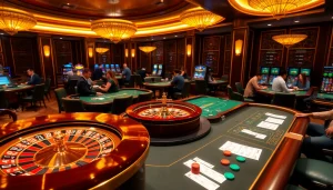 Exciting gaming experience as players tải daga at luxurious casino tables with vibrant roulette wheels.