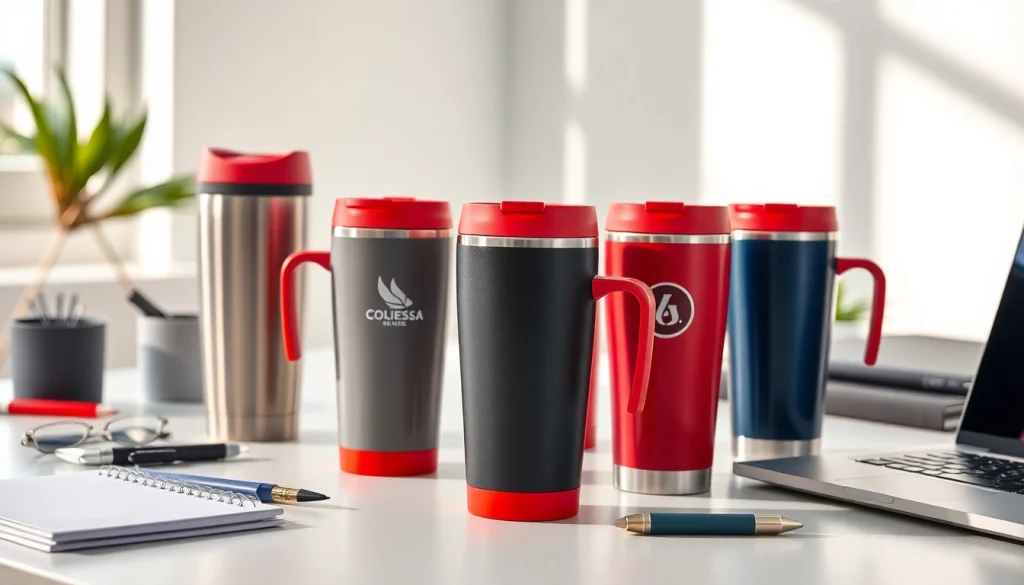 Reklaminiai termo puodeliai su logotipu rodomi modernioje biuro aplinkoje.