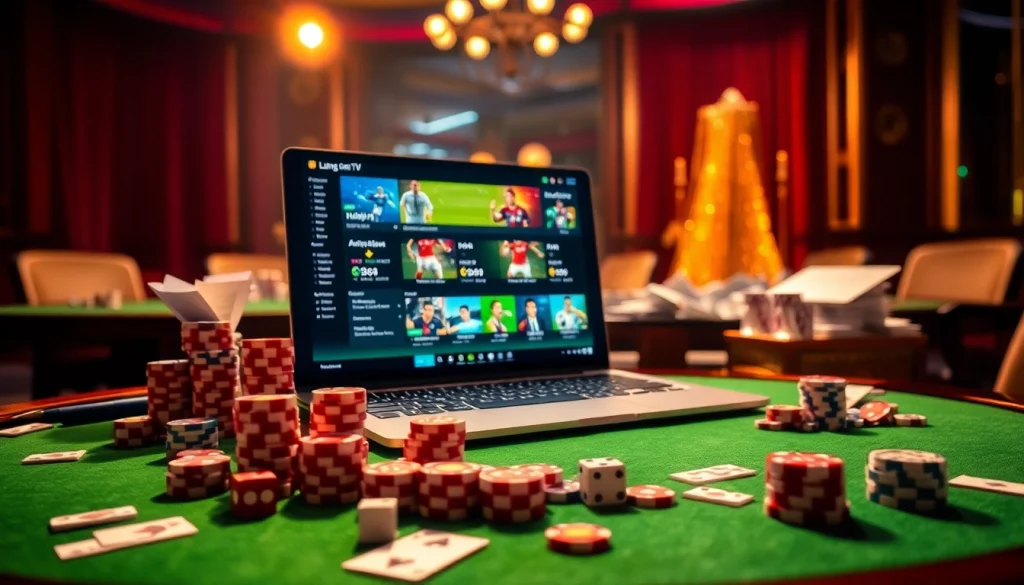 Lương Sơn TV showcases an exciting online gambling experience featuring casino tables, poker chips, and live football matches.