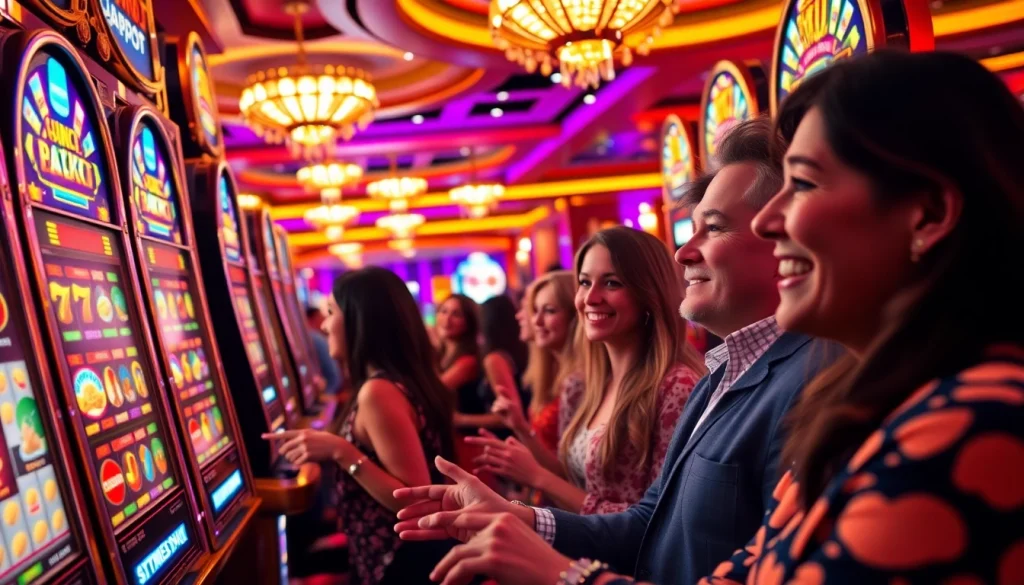 Pemain yang bersemangat di atmosfer kasino slot Depo 1K yang mewah dengan mesin slot yang berwarna-warni dan tanda jackpot.