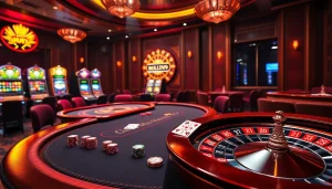 K9K9 casino poker table with players, vibrant slots, and roulette wheel representing high-stakes excitement.