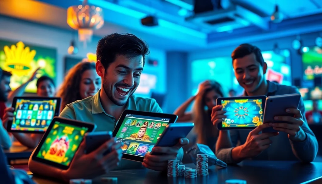 Engaged players enjoying FFWIN's online gaming platform, showcasing excitement with vibrant game graphics.