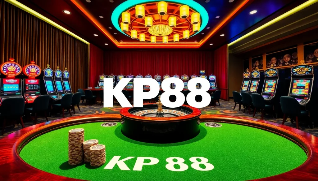 Engage with KP88 gaming at a vibrant casino featuring poker tables and slot machines.