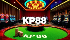 Engage with KP88 gaming at a vibrant casino featuring poker tables and slot machines.