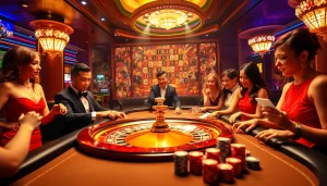 Players enjoying the excitement of k9k9 casino at a luxurious poker table with vibrant chips.