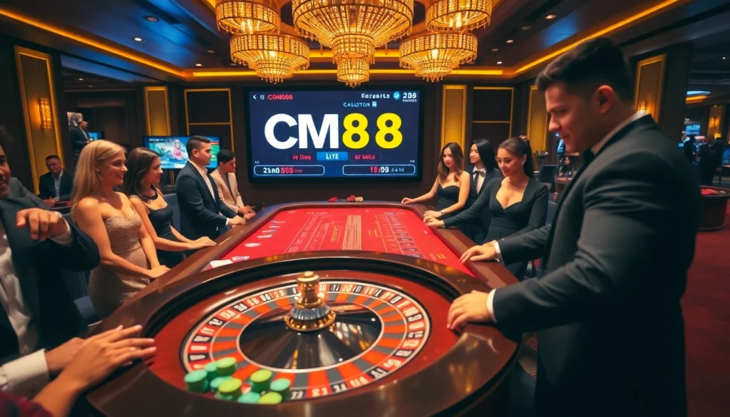 CM88 casino enthusiasts engaging at a roulette table with vibrant chips and cards.