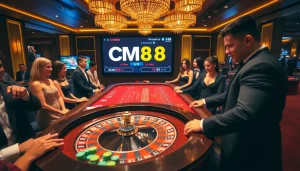 CM88 casino enthusiasts engaging at a roulette table with vibrant chips and cards.