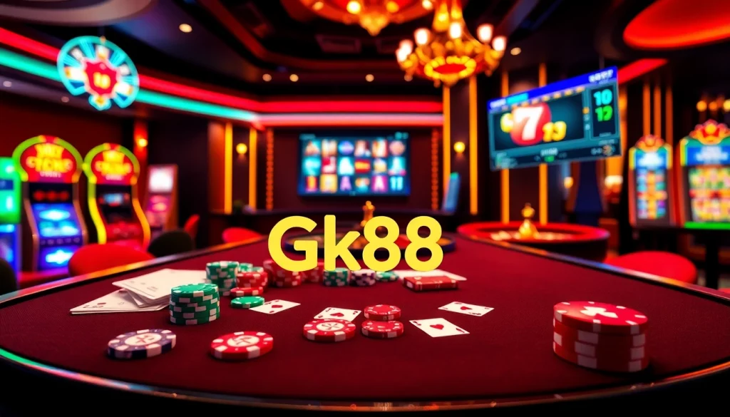 Experience Gk88 gaming excitement with vibrant casino tables, bright slot machines, and colorful poker chips.