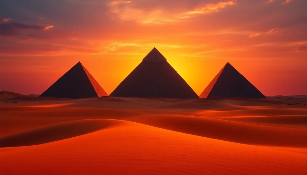 View of iconic piraminds under a vibrant sunset sky showcasing their ancient beauty.