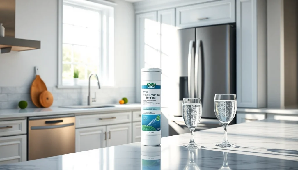 AQUA CREST Replacement for GE® RPWFE showcased in a modern kitchen, emphasizing purity and style.