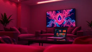 Engaging lounge scene featuring NSFW AI-generated artwork on a digital screen.