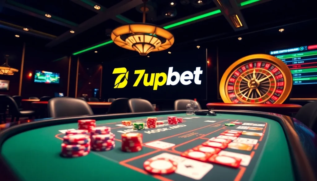 Gambling excitement at 7upbet casino with poker, roulette, and betting odds display.