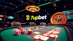 Gambling excitement at 7upbet casino with poker, roulette, and betting odds display.