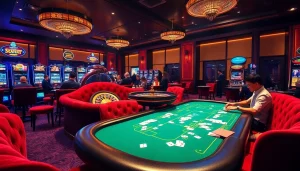 Sbobet players enjoying online betting at a luxurious casino table with vibrant slot machines and roulette.