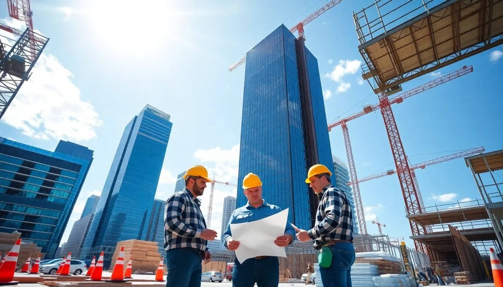 Austin construction site showcasing workers collaborating on blueprints amidst cranes and skyscrapers.